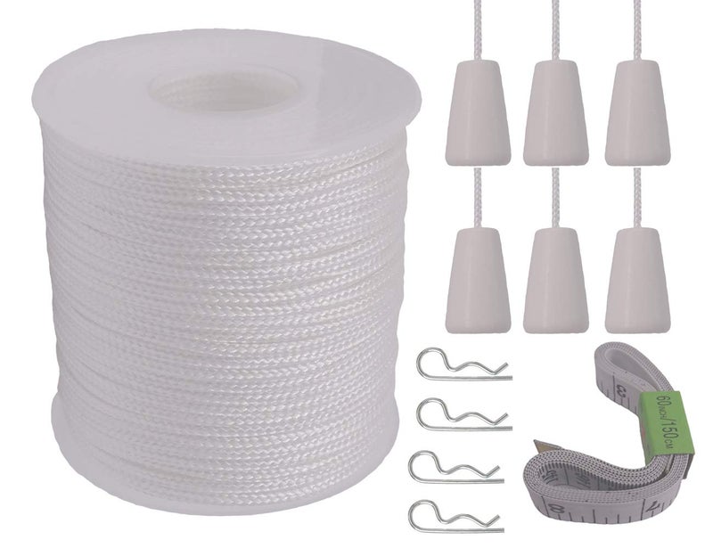 Y-Axis Roll of 60 Yards 2.0mm White Braided Nylon Lift Shade Cord with 6 Pack White Wood Cord Knobs + Soft Tape - Image 1